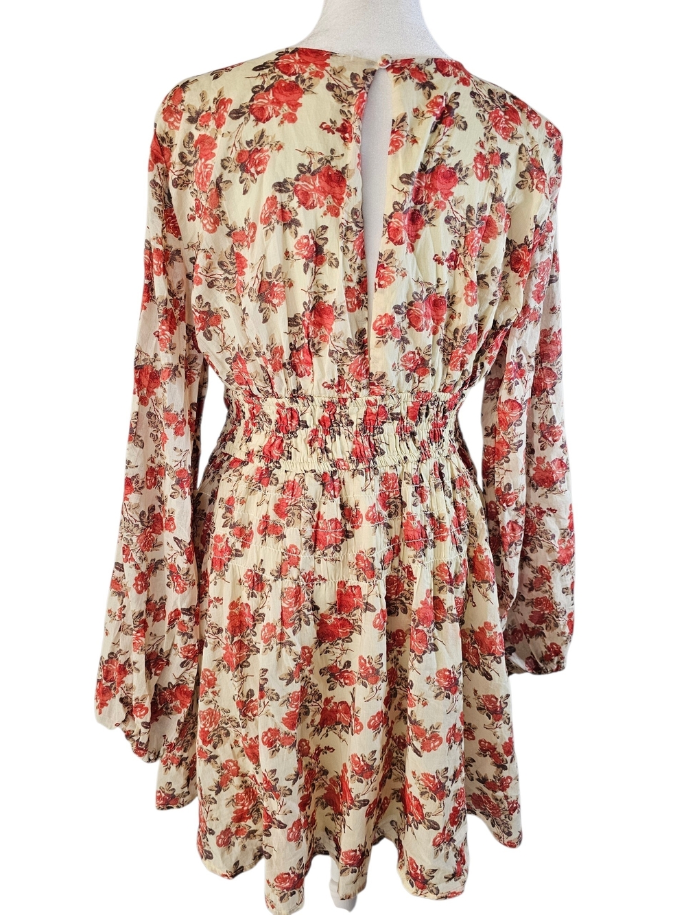 Free People Keep You Smocked Mini Dress Long Balloon Sleeve V Neck Size S - Picture 4 of 13